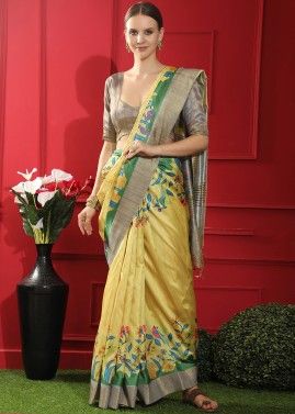 Yellow Printed Design Saree In Tussar Silk
