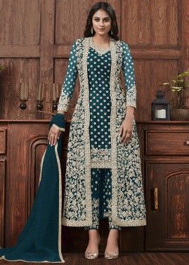 Blue Traditional Straight Cut Suit Set In Net