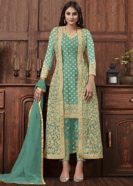 Green Embroidered Net Straight Cut Suit Set