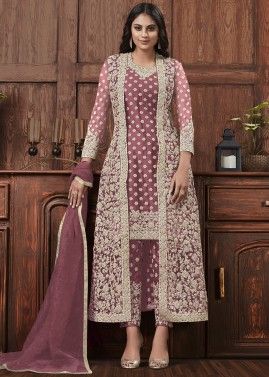 Pink Stone Work Pant Suit Set In Net