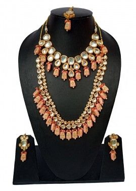 Peach Bridal Kundan Studded Necklace Set