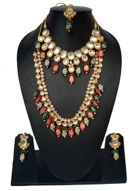 Red And Green Kundan Studded Necklace Set
