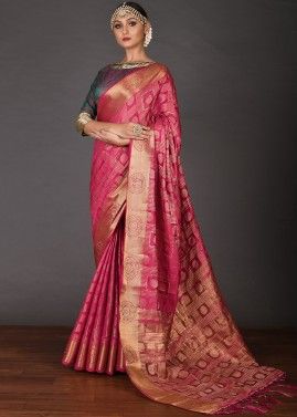 Pink Stone Embellished Art Silk Saree With Blouse