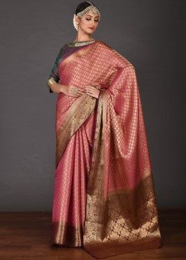 Peach Zari Woven Bridal Saree In Art Silk