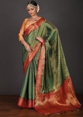 Green Zari Woven Wedding Saree In Art Silk