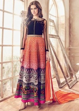 Multicolor Anarkali Style Suit Set In Velvet