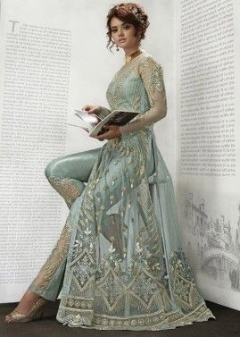 Blue Embroidered Slit Style Suit Set In Net