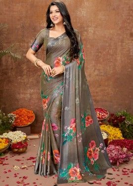 Green Floral Printed Chiffon Saree With Blouse