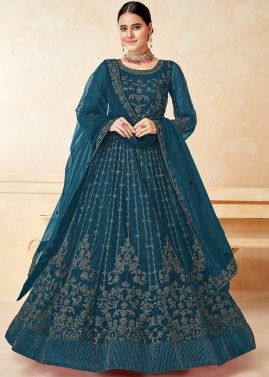 Blue Embroidered Net Anarkali Style Suit
