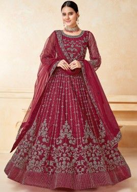 Red Net Embroidered Anarkali Style Suit