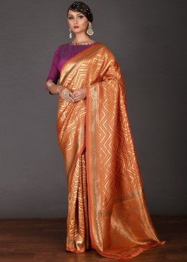 Orange Zari Woven Saree In Kanjivaram Silk
