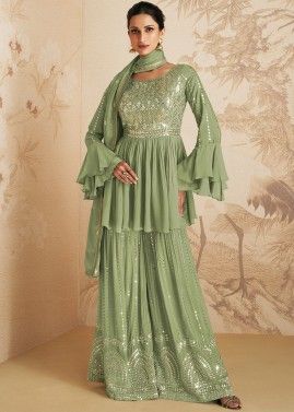 Green Peplum Style Embroidered Gharara Suit