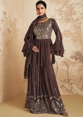 Brown Thread Embroidered Pakistani Style Gharara Suit