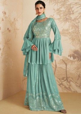 Blue Embroidered Gharara Suit In Peplum Sytle