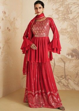 Red Sequins Embroidered Gharara Style Suit