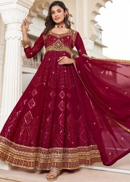Pink Embroidered Anarkali Style Suit Set