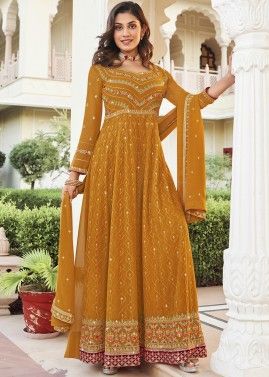 Yellow Thread Embroidered Georgette Anarkali Suit