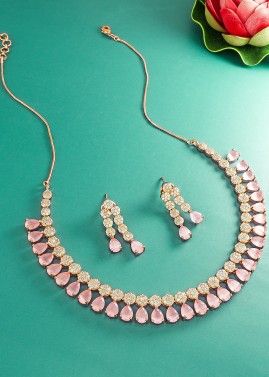 Pink Necklace Set With Studded American Diamonds