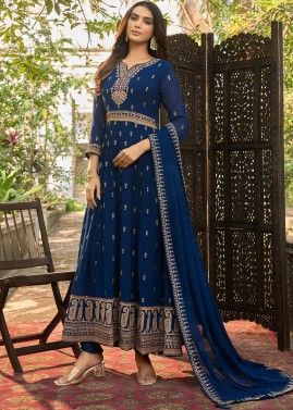 Blue Embroidered Anarkali Style Georgette Suit