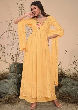 Yellow Straight Cut Embroidered Palazzo Suit