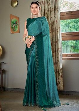 Green Shaded Party Wear Saree With Stone Work