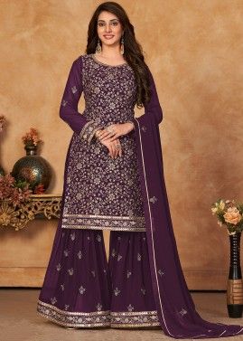 Purple Zari Embroidered Sharara Suit Set