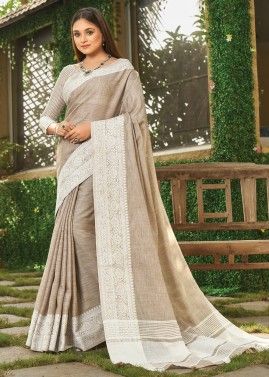 Brown Linen Woven Saree With Blouse