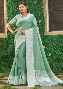 Green Linen Woven Saree With Blouse