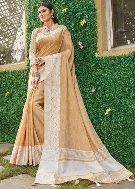 Cream Linen Woven Saree With Blouse