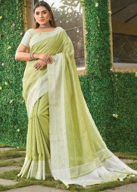 Green Woven Saree In Linen