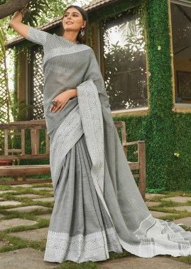 Grey Linen Woven Saree With Blouse