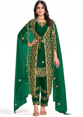 Green Net Pant Suit Set With Jacket