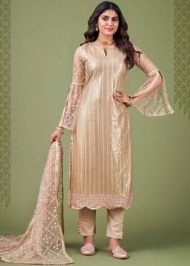 Beige Embroidered Net Pant Suit Set