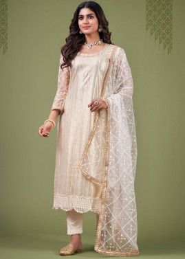 Cream Zari Embroidered Pant Suit Set In Net