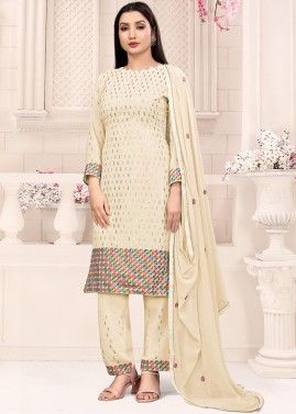 Cream Embroidered Pant Style Suit In Georgette
