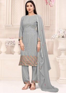 Grey Thread Embroidered Georgette Pant Suit Set