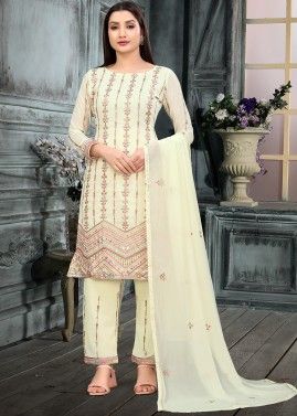 Cream Georgette Pant Suit In Thread Embroidery