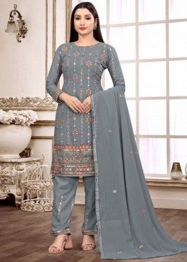Grey Embroidered Pant Suit In Georgette