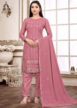 Pink Embroidered Straight Cut Georgette Suit