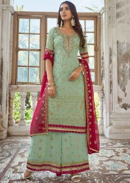 Green Embroidered Palazzo Suit In Georgette