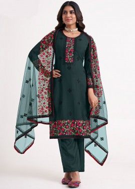 Green Georgette Embroidered Pant Suit Set