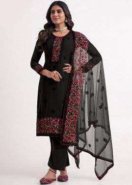 Black Embroidered Straight Cut Suit Set