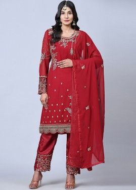 Red Stone Work Pant Suit Set In Georgette