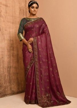 Magenta Embroidered Saree In Banarasi Silk