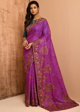 Purple Thread Embroidered Banarasi Silk Saree