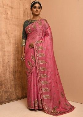 Pink Banarasi Silk Festive Saree With Resham Work