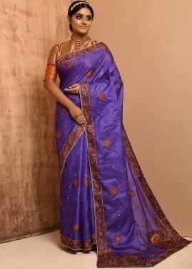 Blue Resham Embroidered Banarasi Saree With Blouse