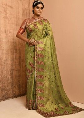Green Resham Embroidered Banarasi Silk Saree