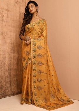 Yellow Banarasi Silk Saree With Resham Work