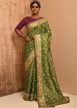 Green Festive Banarasi Silk Saree With Resham Work